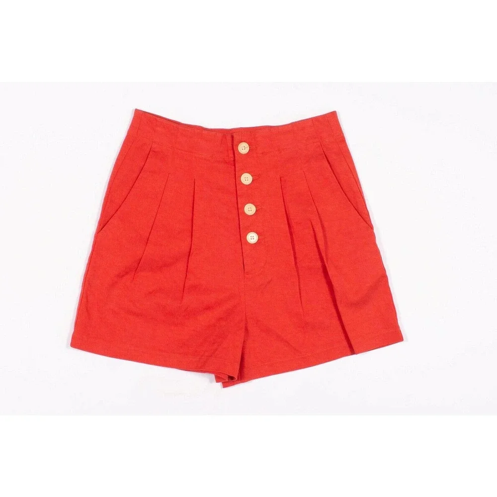 Comune Red Twill Pleated High Rise Button Detail Shorts